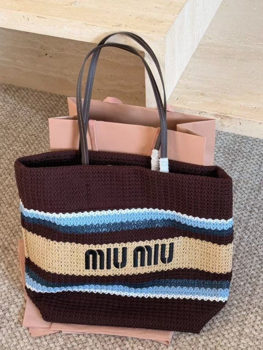 Miu Miu Dark Brown Multicolor Striped Crochet Embroidered Logo Tote Bag